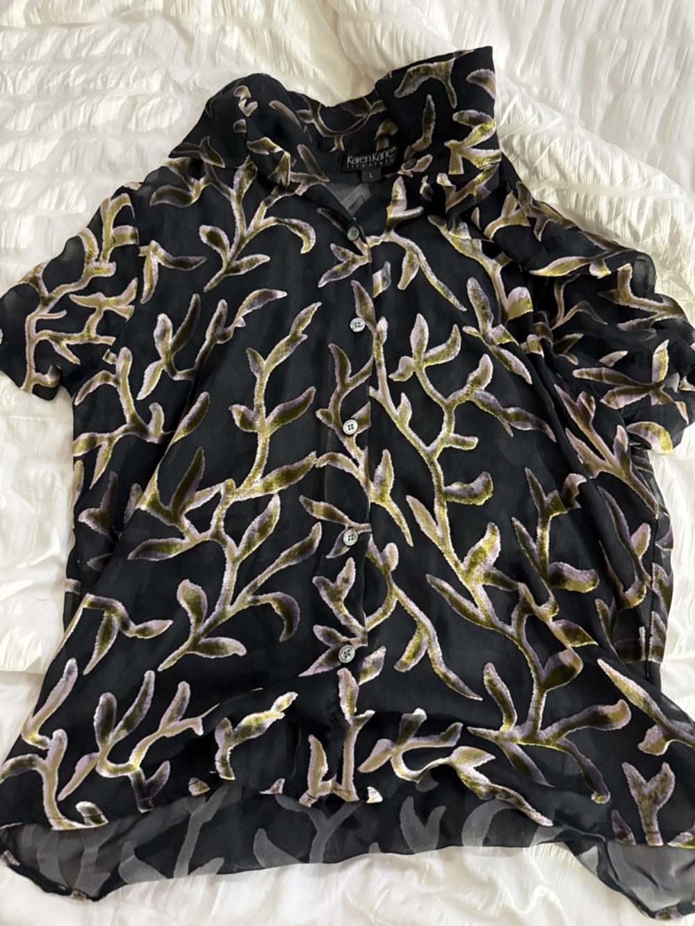 Karen Kane Black Sheer Blouse with Olive Green & Lilac Velvet Leaf Detail